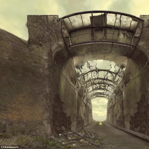 Prompt: a realistic horrible creature standing at the end of an abandoned mine, long tunnel, dream like atmosphere,