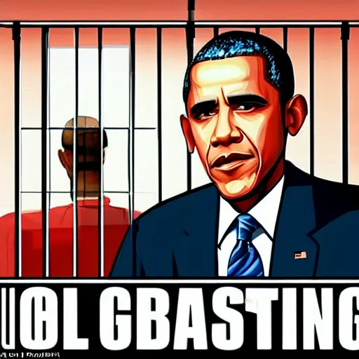 Image similar to obama sitting in a prison cell, in the style of gta loading screens