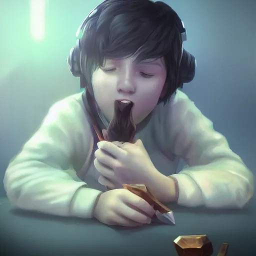 Image similar to a kid sad playing league of legends alone, trending on artstation, hyperrealistic