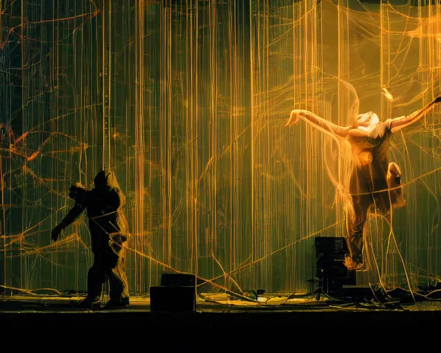 Image similar to Jumping monkey smashing typewriters, group of people on stage playing baroque instruments, muted stage effects, dust, smoke, giant LED screens, colored projections, ultrafine detail, cybersuit, glowing thin wires, smoke, high contrast, projections, holography, volumetric lighting, cinematography by Jim Jarmusch