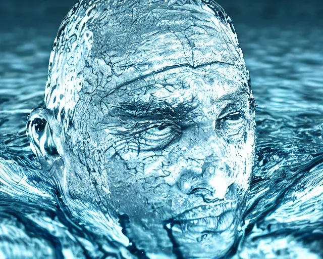 Image similar to water art manipulation of a realistic human head coming out of the ground, surreal, hyper realistic, ray tracing, realistic water, sharp focus, 8 k resolution, cinematic