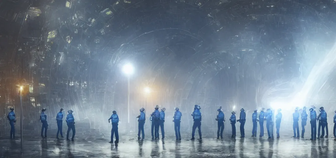 Prompt: policemen protect a huge spiral - shaped luminous object right in the center of the city from protesting crawd, night, rain and light fog, professional lighting, concept art in 3 d, high detail, professional lighting