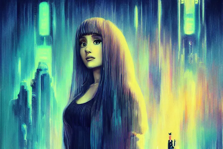 Image similar to ariana grande in the style of johan grenier and john picacio and alan m. clark, trending on artstation, bioluminescence tilt - shift blade runner 2 0 4 9, crayon art, futuresynth, splash art, post - minimalism