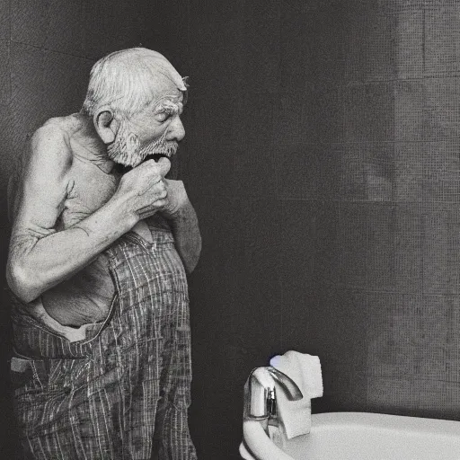 Prompt: a photo of an old man having nightmares while bathing