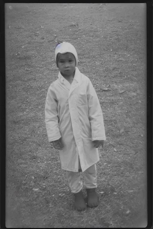 Image similar to photo polaroid of a sad and lonely child in a white coat and barefoot stands in the middle many big tents of field hospitals, pandemic, covid, loneliness, black and white ,photorealistic, 35mm film,