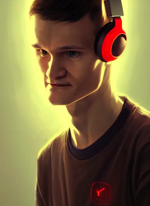 Prompt: portrait of vitalik buterin with hazel eyes, hazel colored eyes, red shirt, headphones, intricate, elegant, glowing lights, highly detailed, digital painting, artstation, concept art, smooth, sharp focus, illustration, art by wlop, mars ravelo and greg rutkowski