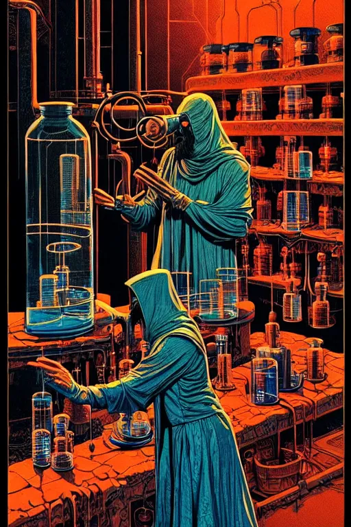 Image similar to ancient cloaked wizards mixing potions in his laboratory, high details, intricately detailed, by vincent di fate, inking, 3 color screen print, masterpiece, trending on artstation,, sharp, details, hyper - detailed, hd, 4 k, 8 k