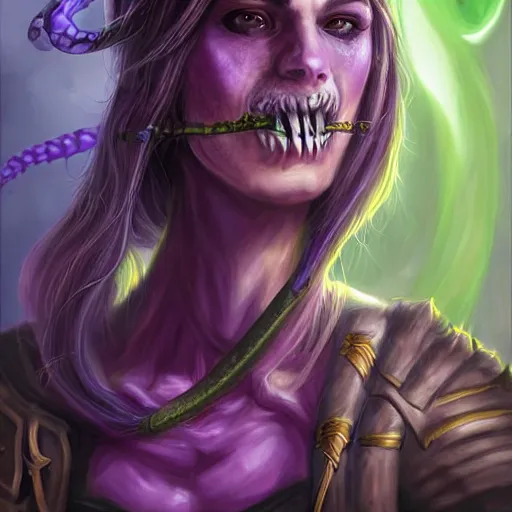 Prompt: a violet snake-head female assassin, female assassin, female assassin with the head of a snake, snake head, snake assassin, snake mouth, snake head, fangs, snake assassin, daggers, green theme, epic fantasy digital art, fantasy style art, fantasy hearthstone art style