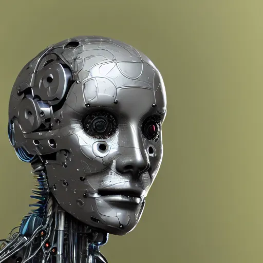 Image similar to very detailed portrait 55mm photo of a mechanical metallic head without skin, optic fiber nerves, gears in his head and cybernetic enhancements with no plating. Packed with cybernetics. Has cameras for eyes. In the forest with bokeh. Ray tracing and tessellation. Very sharp high detailed 8k image