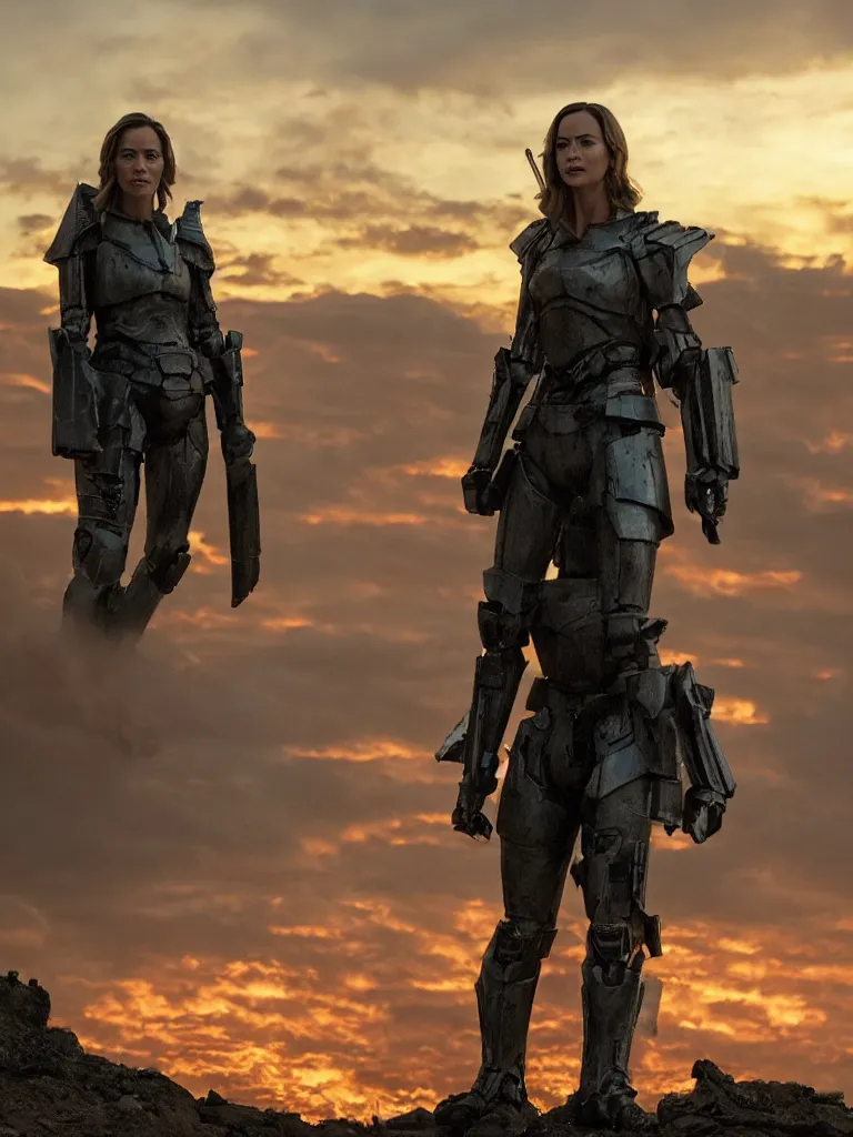 Image similar to emily blunt in futuristic power armor, standing on a hill, holding a sword, edge of tomorrow, angel of verdun, sunset