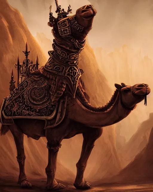 Prompt: Camel, Anthropomorphized, as warlord general on skull throne, full body, magic the gathering artwork, D&D, fantasy, cinematic lighting, centered, symmetrical, highly detailed, digital painting, artstation, concept art, smooth, sharp focus, illustration, volumetric lighting, epic Composition, 8k, art by Akihiko Yoshida and Greg Rutkowski and Craig Mullins, heroic pose, oil painting, cgsociety, Battlefield background, explosions, arrows