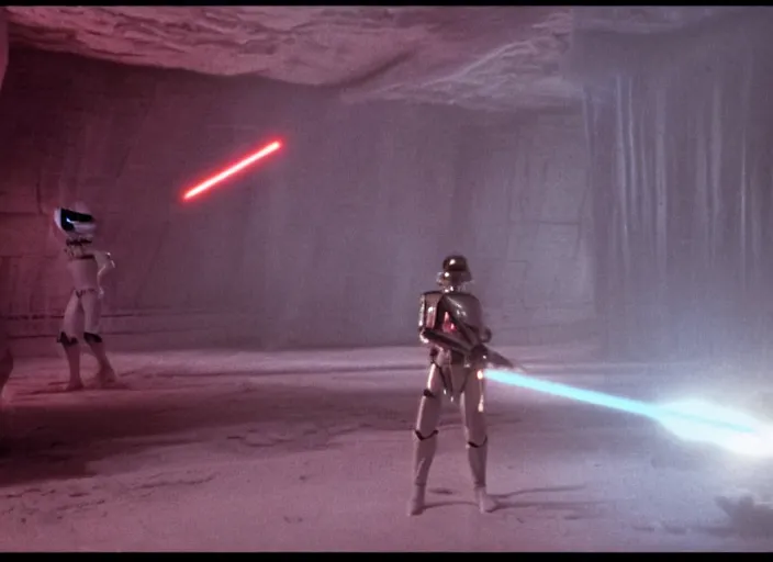 Image similar to screenshot from the iconic scene from the lost star wars 1 9 8 0 s film directed by david lynch, cinematic lighting, unsettling set design with extreme detail, moody cinematography, with anamorphic lenses, crisp, detailed, 4 k image