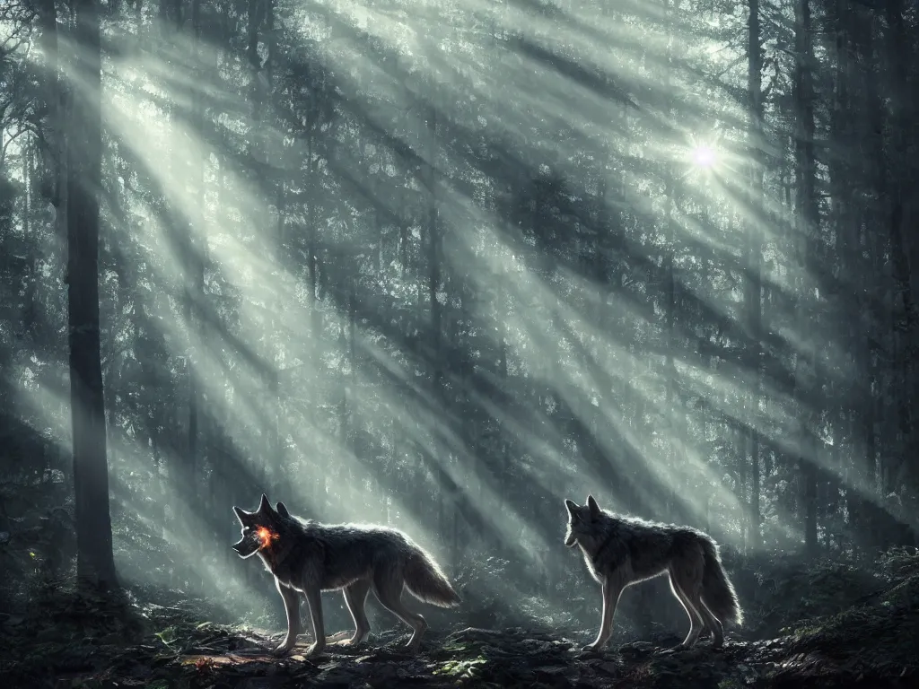 Image similar to a wolf with a space lantern on its mouth travelling through a dark, gloomy forest, zaba style, cinematic, sunbeams, detailed, hq, trending on artstation, wide shot, dramatic lighting