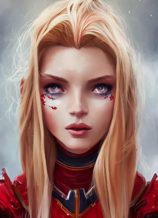 Image similar to a highly detailed illustration of beautiful long dirty blonde haired pale girl wearing red epaulette uniform, red eyes, dramatic smile pose, intricate, elegant, highly detailed, centered, digital painting, artstation, concept art, smooth, sharp focus, league of legends concept art, WLOP