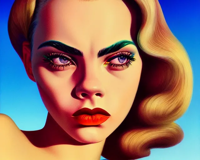 Prompt: closeup profile portrait of a 1 9 5 0 s cara delevigne wearing a bikini, mark ryden, lostfish, max fleischer, hyper realistic, artstation, illustration, digital paint, matte paint, vivid colors, bright, cheerful, detailed and intricate environment