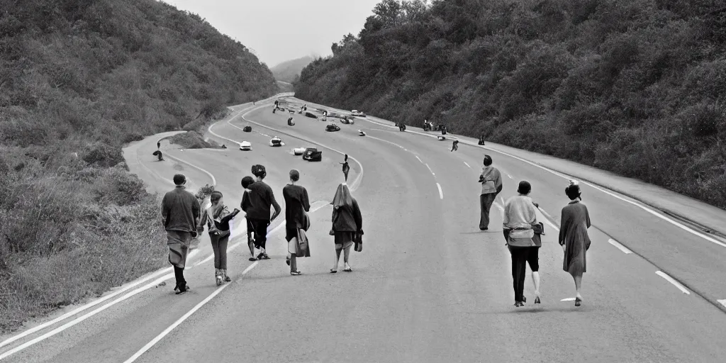 Image similar to People strolling along the highway, Martin Handford style.