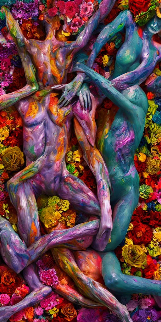 Image similar to closeup photograph of a surrealist sculpture human bodies intertwined, a lovely cornucopia of flowers and human body parts, body parts, paint pour, swirling paint, highly detailed, octane render, cinematic