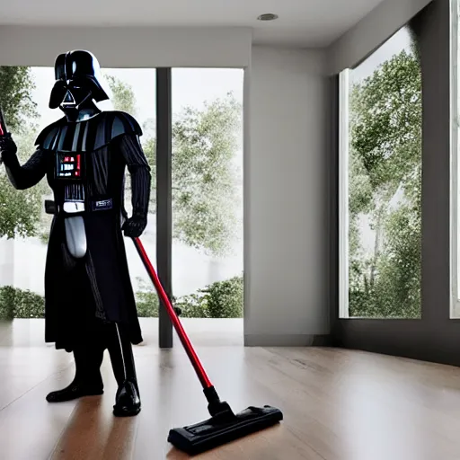 Image similar to Darth Vader vacuuming the house, photo realistic, award-winning, highly-detailed