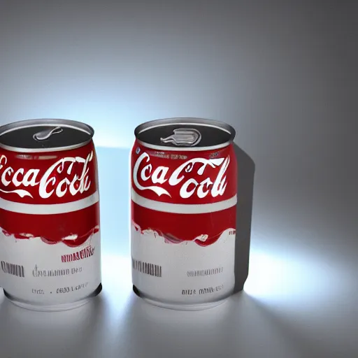 Prompt: a still life study of two cans of coca-cola, lighting study, volumetric light, volumetric fog
