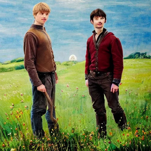 Prompt: Bradley James and Colin Morgan, 2 guys. From the television show Merlin (2008). In a beautiful meadow in love, happy; high-detailed oil painting by William Blake, trending on Artstation, masterpiece, 4k