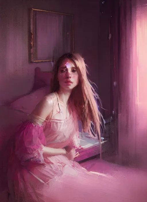 Image similar to portrait of a beautiful girl in her bedroom, shades of pink, beautiful face, rule of thirds, intricate outfit, spotlight, by greg rutkowski, by jeremy mann, digital painting