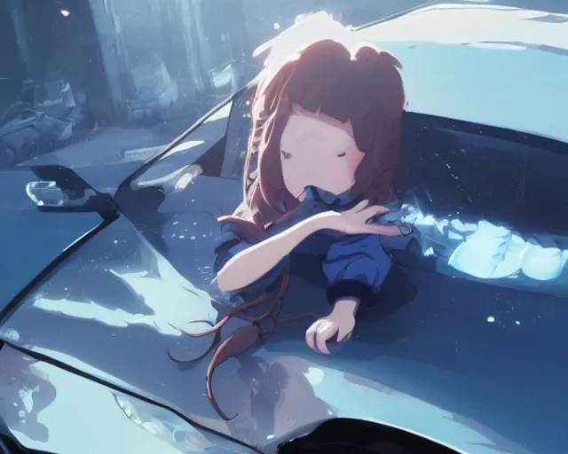 Image similar to a brunnete girl with blue eyes and puffy cheeks lying in a car accident, long shot from the top, anime art, Greg Rutkowski, studio ghibli, dramatic lighting