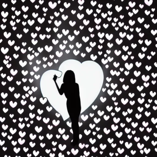 Image similar to “a silhouette of a woman on a beach taking a selfie with lots of hearts in the air photorealistic ”