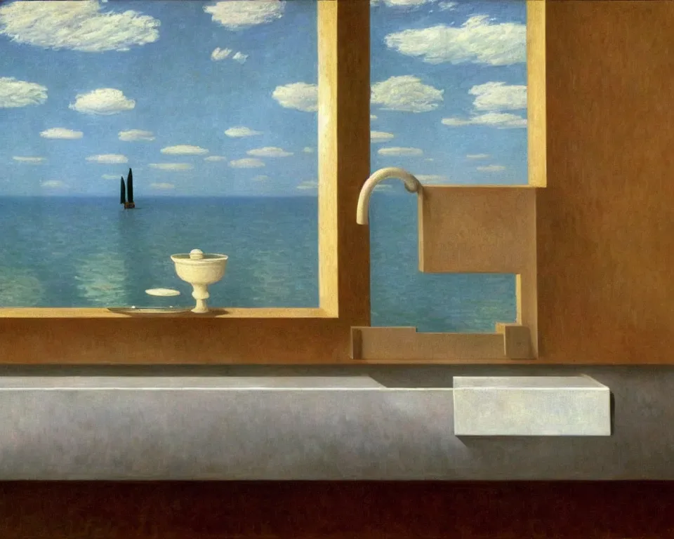 Image similar to achingly beautiful painting of a sophisticated, well - decorated kitchen sink by rene magritte, monet, and turner.