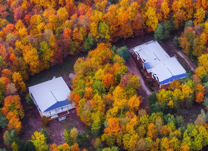 Image similar to low drone shot of a ranch style School in the middle of the Woods during autumn