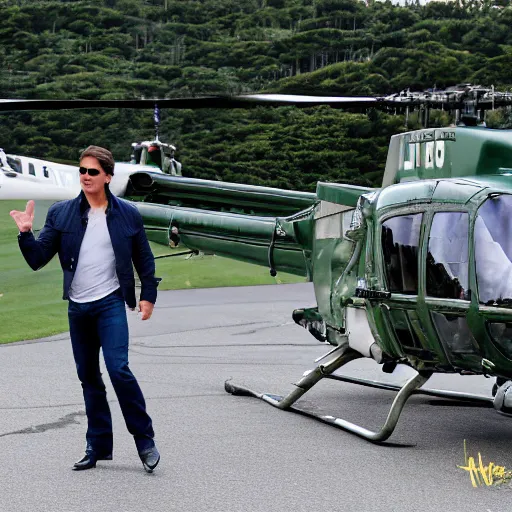 Image similar to Tom Cruise waving to fans. He's wearing bluejeans and a green jacket, Ralph Lauren. A helicopter is in the background. Shallow depth of field