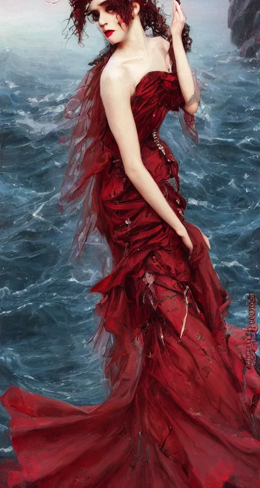 Image similar to one person only. One head only. Long flowing dress. Oversized flowing swirling dress floating very ornate dress . Solomon Joseph Solomon and Richard Schmid and Jeremy Lipking victorian genre painting portrait painting of a young beautiful woman punk rock goth with punk rock haircut in fantasy costume, red background