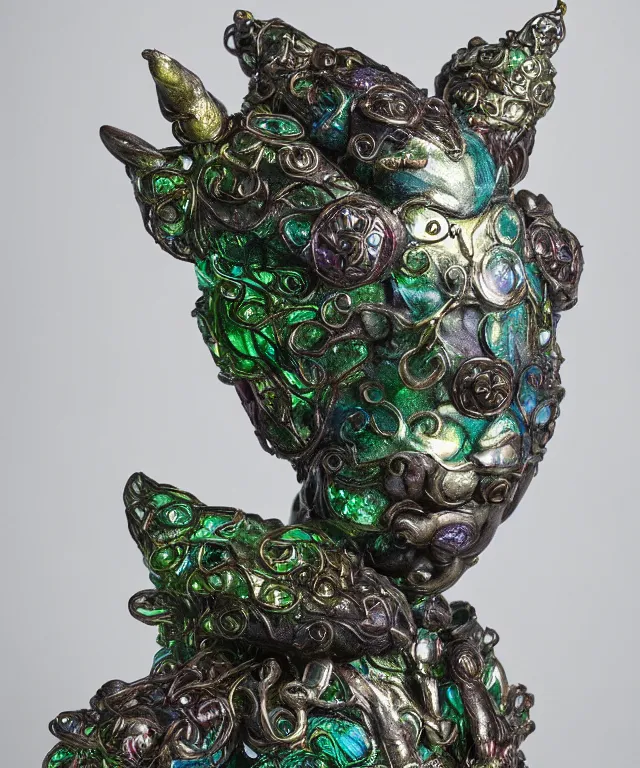 Prompt: cartoon guardian spirit of the cloud forests. translucent resin sculpture, backlighting, depth of field, 4 k, metallic filigree details, g rated 7 8 7 4 3 6 6