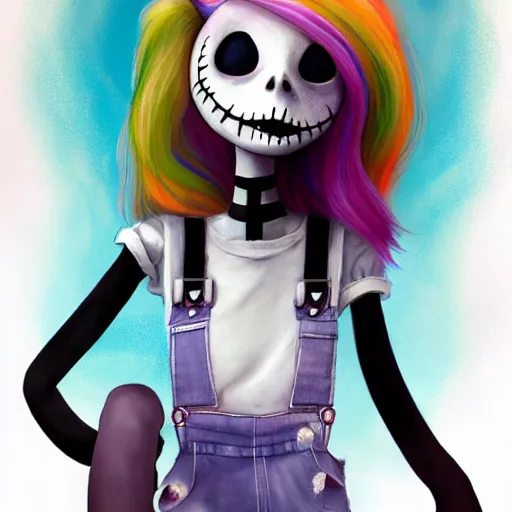 Prompt: sally from the nightmare before christmas with rainbow hair, sally, soft eyes and narrow chin, dainty figure, long hair straight down, torn overalls, short shorts, combat boots, basic white background, symmetrical, single person, style of by jordan grimmer and greg rutkowski, crisp lines and color,