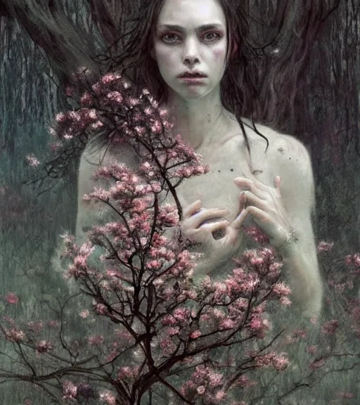 Prompt: a beautiful terrifying but sad female portrait black eyes twisted trees, crying tears, butterfly, blooming made of flowers. ethereal horror fantasy art by greg rutkowski and raymond swanland and monet