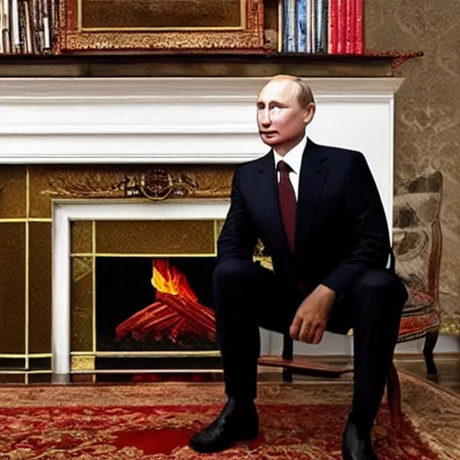 Image similar to portrait vladimir putin looking into a log fire smirking reflections lighting clasical