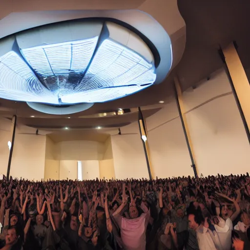 Prompt: people screaming at a giant floating network switch in center of a futuristic church