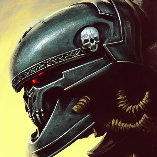 Image similar to space marine, knight, skull helmet, terrifying, grimdark, photorealistic, front view, symmetrical, artstation, art by brom