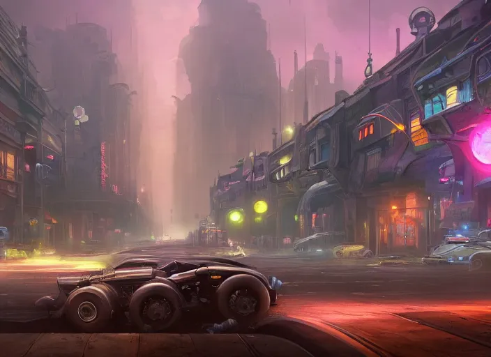 Prompt: a matte painting of a colorful car scene from the future, cyber - steampunk, highly detailed, in the style of greg rutkowski and remedios varopic, lighting, hyper photorealism, trending on artstation, 8 k