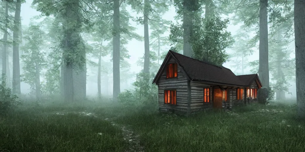 Image similar to a single cottage in the woods and empty woods, 8k, fantasy, hyper realistic, atmospheric