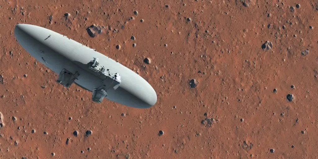 Prompt: ”uss kearsarge as flying starship above mars surface”