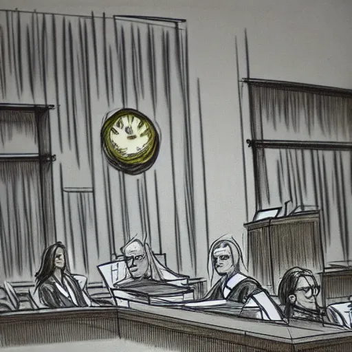 Image similar to [ prompt ridiculous courtroom scene drawn by marilyn church ]