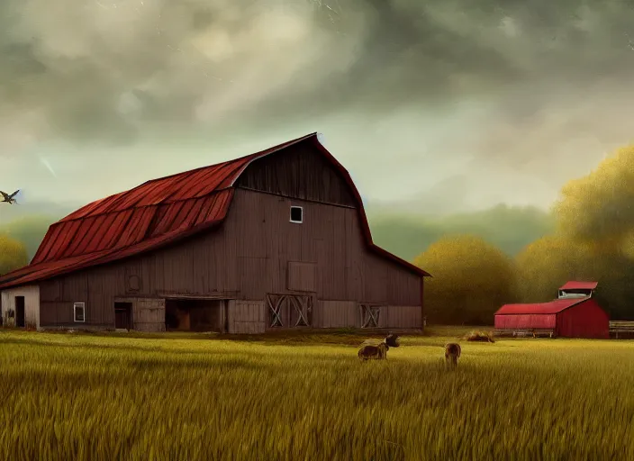 Prompt: A barn at an Iowan farm, barndoors broken open, game art matte painting hyperdetailed, artstation, cgsociety, 8k, surreal dream landscape