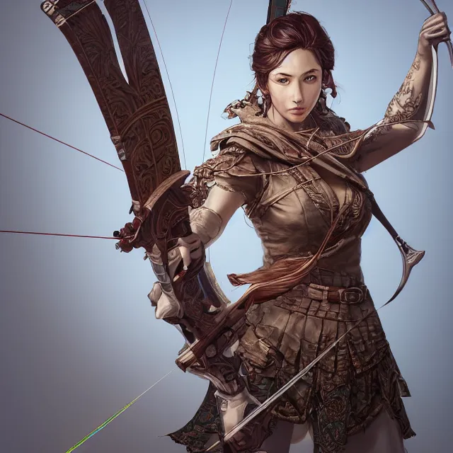 Image similar to the portrait of lawful neutral semi - colorful female archer huntress as absurdly beautiful, gorgeous, elegant, young woman, an ultrafine hyperdetailed illustration by kim jung gi, irakli nadar, intricate linework, bright colors, octopath traveler, final fantasy, unreal engine 5 highly rendered, global illumination, radiant light, detailed and intricate environment