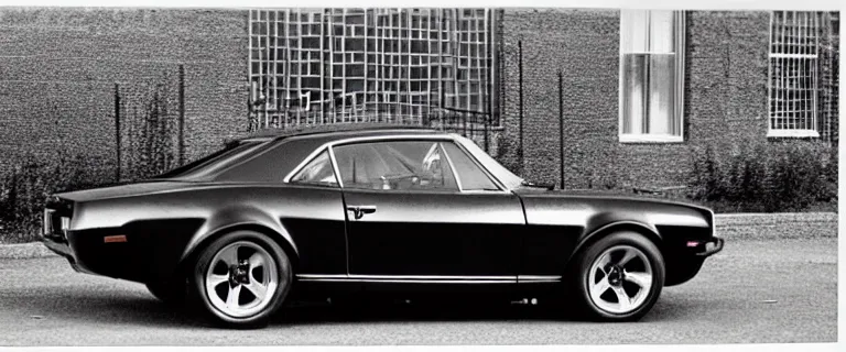 Image similar to black audi camaro b 1 ( 1 9 6 7 ) with stripes, retro poster, establishing shot