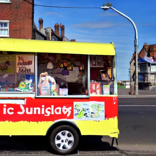 Prompt: an ice cream van dissolving like hot wax outside on the street, sunny day