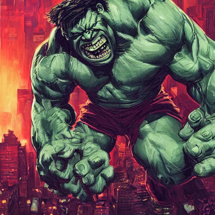 Image similar to a portrait of the incredible hulk looking angry in new york city by james jean and brian despain dramatic lighting.