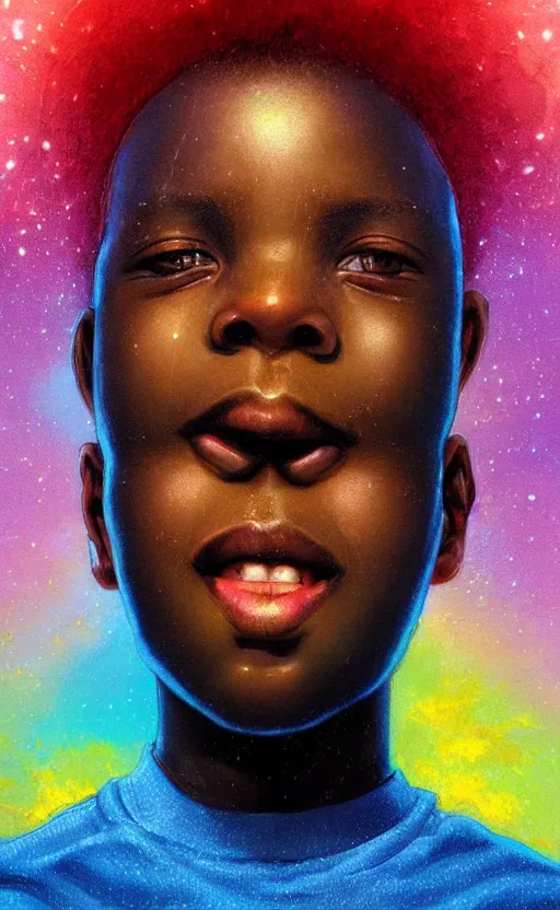 Image similar to colourful upper half portrait of a super african boy inside a group of clouds surrounded by bolts of lightning with rays of light emanating from clouds - in drew struzan movie poster style, art by drew struzan & hsiao - ron cheng, highly detailed, digital painting, ray tracing, illustration, smooth, sharp focus, intricate, symmetry, artstation,