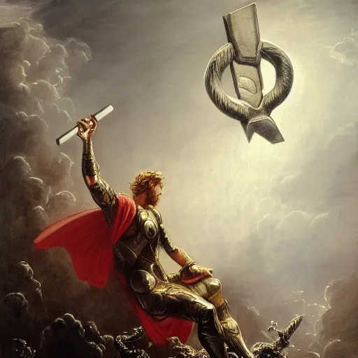 Image similar to a painting of Gustave Doré showing Thor rising the mjolnir, high definition, trending on artstation