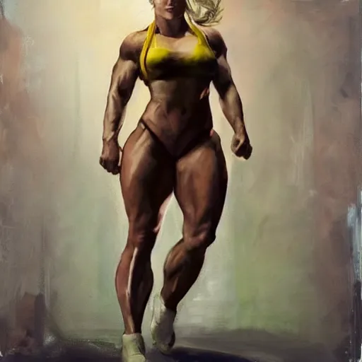 Image similar to greg manchess portrait of margot robbie as thick female bodybuilder zarya from overwatch in disco elysium, 1 3, epic grimdark, fantasy, medium shot, asymmetrical, profile picture, organic painting, sunny day, matte painting, bold shapes, hard edges, street art, trending on artstation, by huang guangjian and gil elvgren and sachin teng