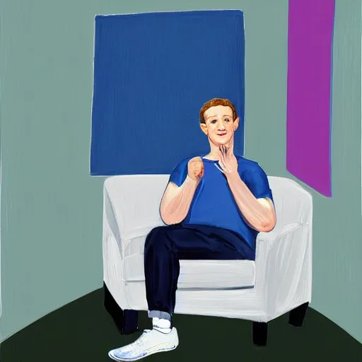 Image similar to painting of mark zuckerberg swearing a blue shirt, sitting on a white chair next to a mirror, room with white walls, by david hockney